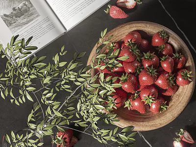Ceramic Bowl Filled With Fresh Strawberries And Green Leaves Beside Open Book On Dark Table 3d model
