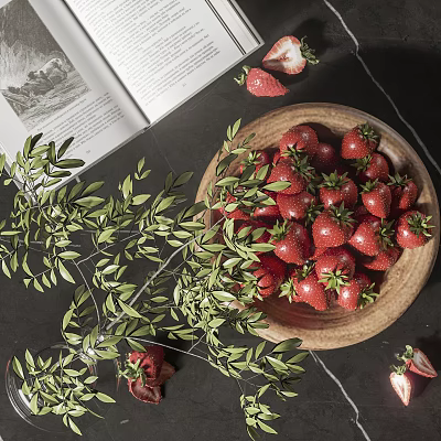 Ceramic Bowl Filled With Fresh Strawberries And Green Leaves Beside Open Book On Dark Table 3d model