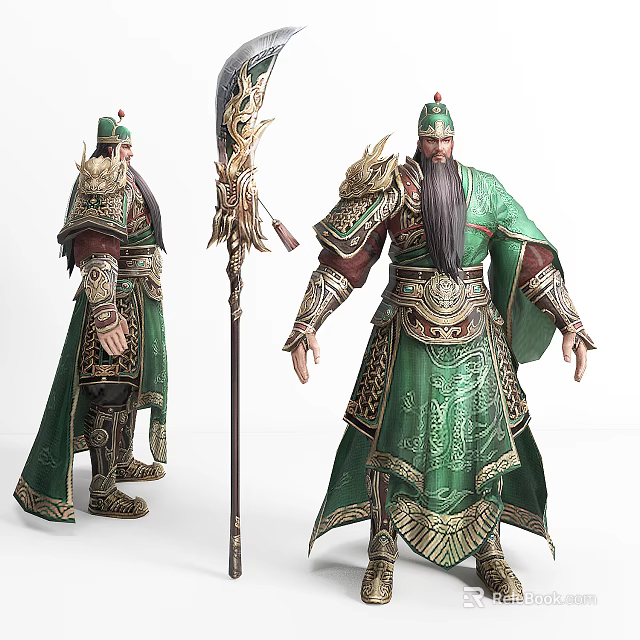 Ancient Chinese Warrior In Green Gold Armor With Dragon Decorated Spear And Long Beard 3d model 