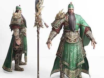 Ancient Chinese Warrior In Green Gold Armor With Dragon Decorated Spear And Long Beard 3d model