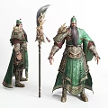 Ancient Chinese Warrior In Green Gold Armor With Dragon Decorated Spear And Long Beard