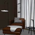 Modern Interior With Brown Accent Chair Pillows Ottoman Fuzzy Blanket Floor Lamp White Curtains