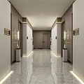 Hotel Corridor Modern Design with Light Colored Walls Side Doors and Polished Marble Flooring