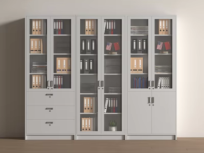 White Office Storage Cabinet With Glass Doors Folders Books And Drawers 3d model