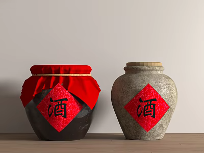 Traditional Ceramic Wine Jars With Red Cloth Cover And Red Labels Featuring Chinese Character Wine 3d model