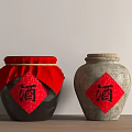 Traditional Ceramic Wine Jars With Red Cloth Cover And Red Labels Featuring Chinese Character Wine
