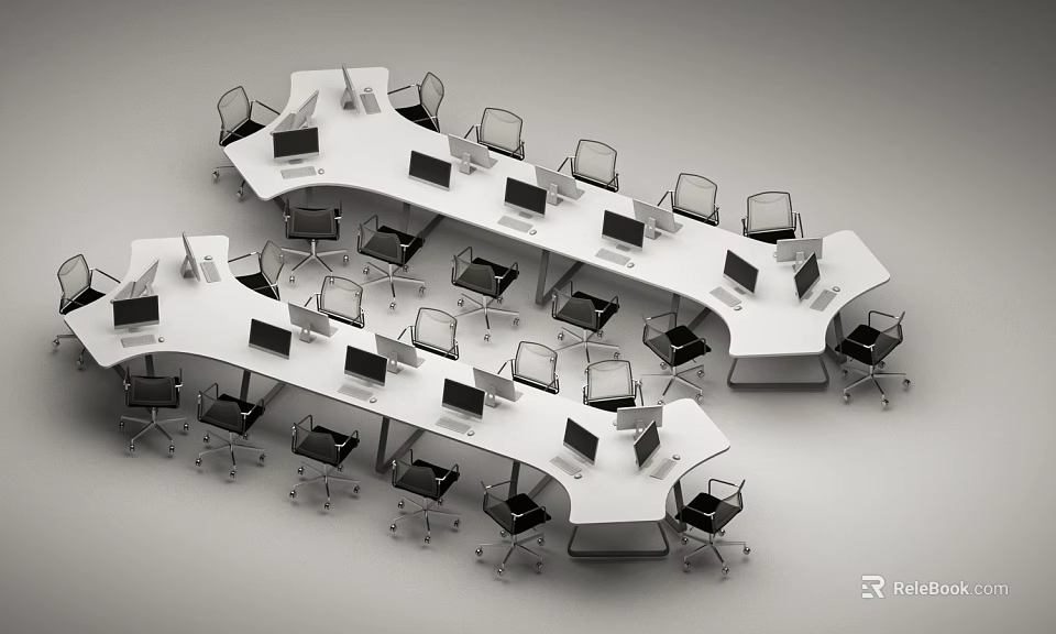 White Office Desks in Irregularly Shaped Office Area with Computer Monitors and Black Office Chairs 3d model 
