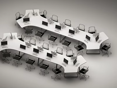 White Office Desks in Irregularly Shaped Office Area with Computer Monitors and Black Office Chairs 3d model