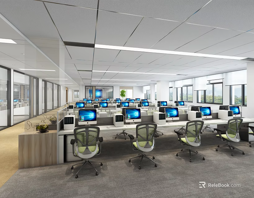 Modern Public Office Space Interior With Ergonomic Chairs Computers Plants And Windows 3d model