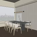 Minimalist White Dining Table Set With Six Beige Chairs Wooden Legs And Pendant Light