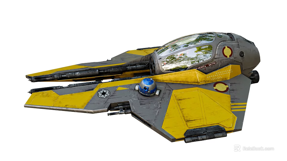 Yellow and Gray Fighter Jet with Transparent Cockpit Dome Shaped Robot and Star Emblem 3d model 