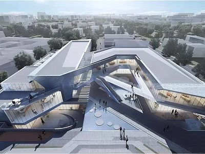 Striking Modern Sales Office Building Featuring Unique Roof Design Glass Facade And Open Plaza 3d model