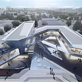 Striking Modern Sales Office Building Featuring Unique Roof Design Glass Facade And Open Plaza
