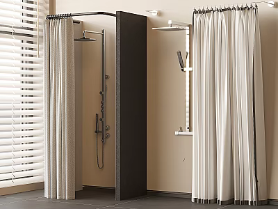 Wall Mounted Shower Head In Modern Bathroom With Black Partition White Curtain Shelf And Blinds 3d model