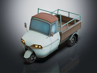 Cartoon Style Three Wheeled Truck With Blue Railings White Front And Brown Roof 3d model