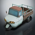 Cartoon Style Three Wheeled Truck With Blue Railings White Front And Brown Roof