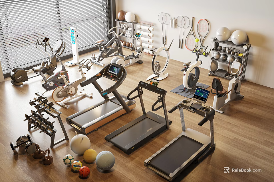 Comprehensive Sports Equipment Range Featuring Treadmills Dumbbells Fitness Balls And Tennis Rackets 3d model 