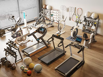 Comprehensive Sports Equipment Range Featuring Treadmills Dumbbells Fitness Balls And Tennis Rackets 3d model