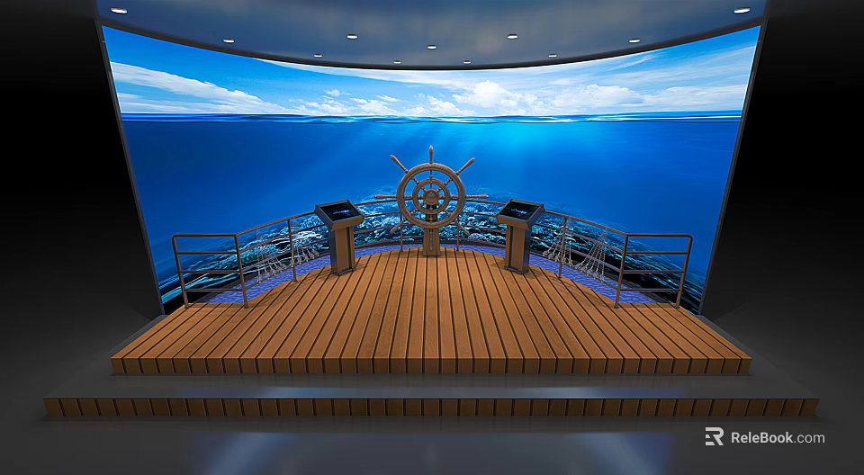 Scenic Deck Space With Wooden Floor Ship Wheel And Blue Ocean Backdrop 3d model 