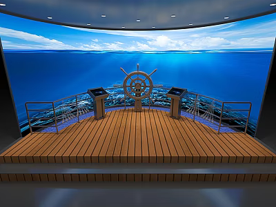 Scenic Deck Space With Wooden Floor Ship Wheel And Blue Ocean Backdrop 3d model