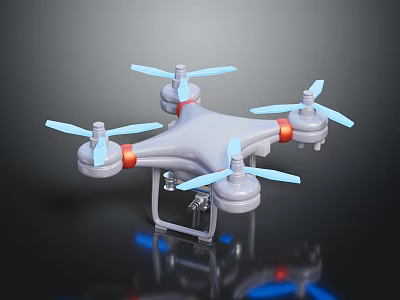 Gray Quadcopter Drone with Blue Propellers Red Accents and Camera Mount 3d model