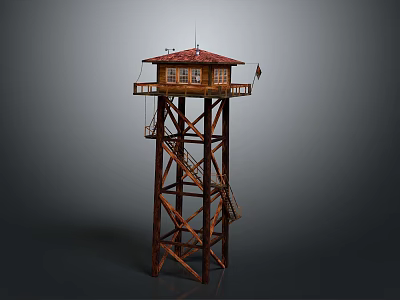 Scenic Landscape With Tall Wooden Observation Tower Red Roof Staircase And Platform 3d model