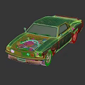 Rusty Green Vintage Car With Open Hood And Exposed Engine 3d model