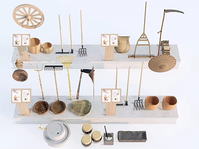 Vintage Garden Tools And Accessories Display On Shelf With Baskets Clay Pots And Rakes 3d model