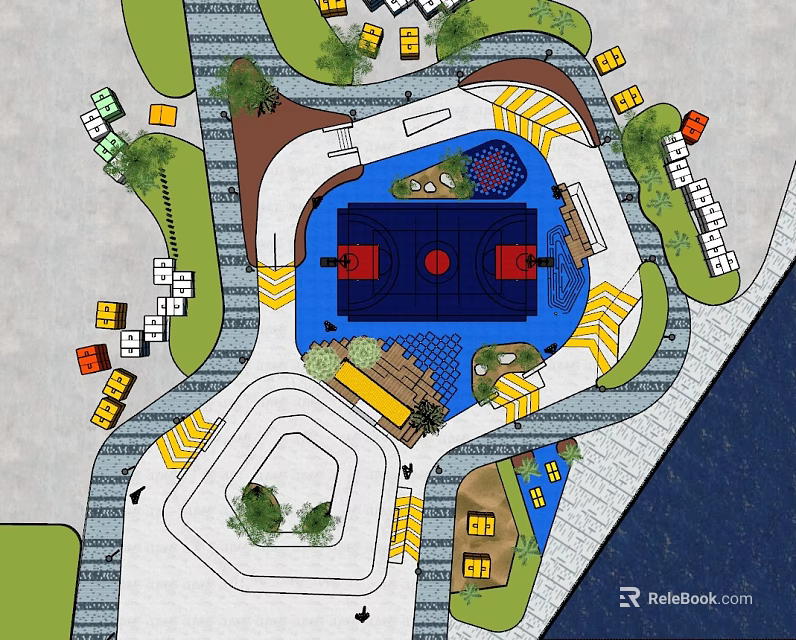 Modern Garden Landscape Design with Basketball Court Geometric Paths and Green Spaces 3d model 