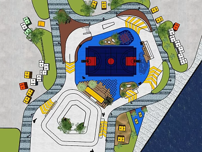 Modern Garden Landscape Design with Basketball Court Geometric Paths and Green Spaces 3d model