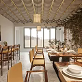 Cozy Restaurant Interior With Brick Wall Green Plants Pendant Lights Dining Tables And Chairs