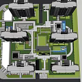 Commercial Landscape Design with High Rise Buildings Central Green Courtyard Swimming Pool and Lush Vegetation
