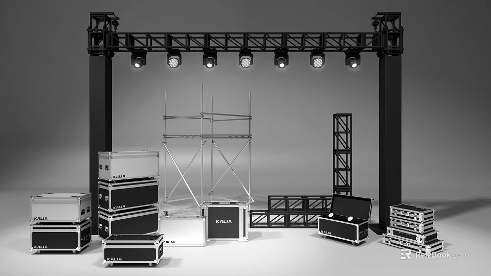 Complete Stage Equipment Setup With Truss Scaffolding Lights And Cases 3d model 