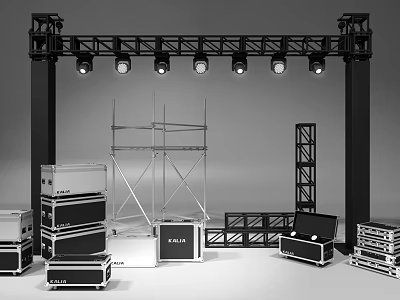 Complete Stage Equipment Setup With Truss Scaffolding Lights And Cases 3d model