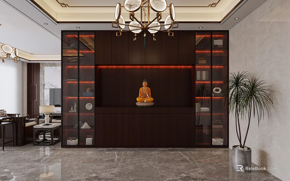 Chinese Style Living Dining Room Interior With Buddha Statue Dark Wooden Cabinet And Chandelier 3d model 