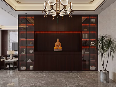 Chinese Style Living Dining Room Interior With Buddha Statue Dark Wooden Cabinet And Chandelier 3d model