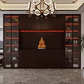 Chinese Style Living Dining Room Interior With Buddha Statue Dark Wooden Cabinet And Chandelier