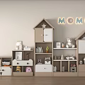 House Shaped Kids Bookcase in Light Wood White With Toys Dolls and MOMO Sign