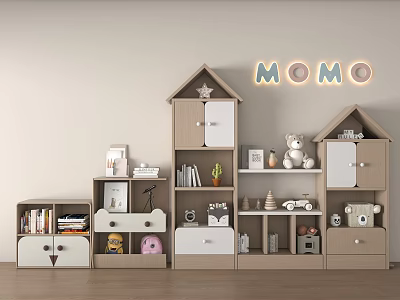 House Shaped Kids Bookcase in Light Wood White With Toys Dolls and MOMO Sign 3d model
