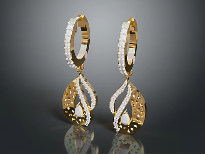 Gold Earrings With Diamond Accents And Pearl Filigree Pendant Design 3d model
