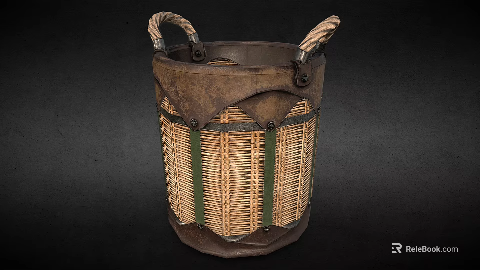 Woven Rattan Storage Basket With Leather Handles And Metal Accents 3d model 