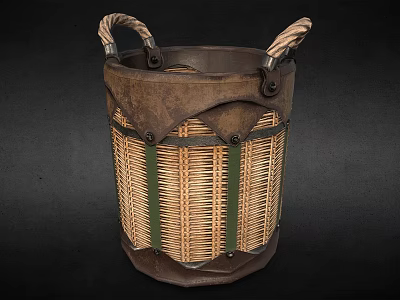 Woven Rattan Storage Basket With Leather Handles And Metal Accents 3d model