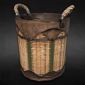 Woven Rattan Storage Basket With Leather Handles And Metal Accents
