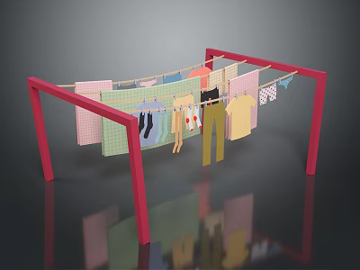 Red Clothes Drying Rack With Hanging Shirts Pants And Socks For Home Use 3d model