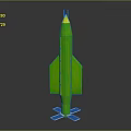 Green Rocket Model 3D Rendering with Yellow Nose Cone and Silver Stand Base
