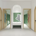 Modern Kindergarten Interior With Colorful Reception Desk Bookshelves Stairs And Cloud Decorations