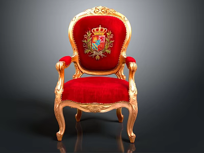 Ornate Single Chair With Golden Carved Frame Red Velvet Upholstery And Crest Design 3d model