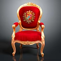 Ornate Single Chair With Golden Carved Frame Red Velvet Upholstery And Crest Design