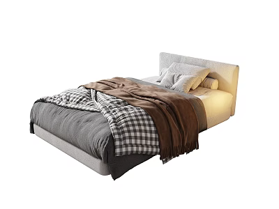 Modern Cozy Single Bed Interior Design With Gray Mattress Checkered Blanket Brown Throw And Pillows 3d model