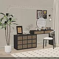 Stylish Rattan Dressing Table Interior with Round Mirror Chair Decorative Paintings and Potted Plant